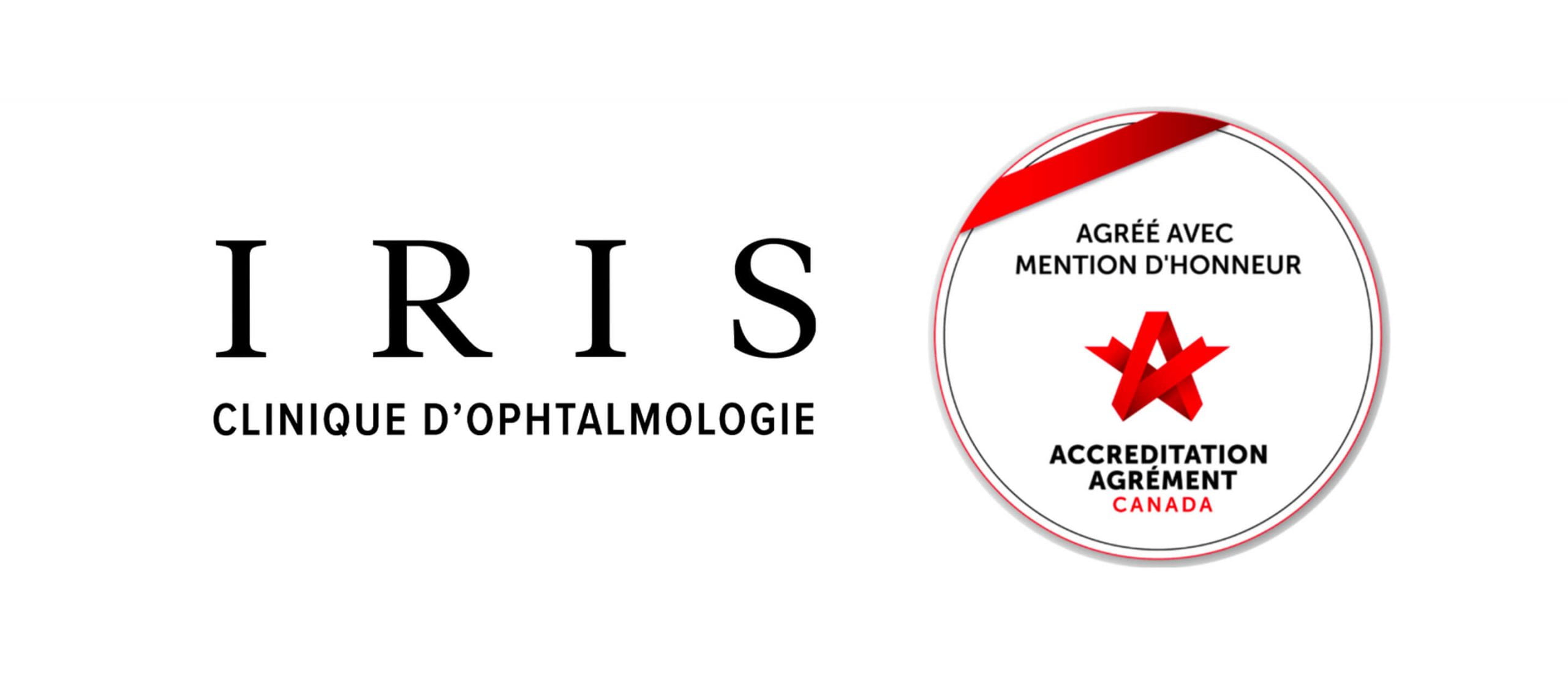 Logo de la Clinique d'Ophtalmologie IRIS et logo d'Agrément Canada côte à côte