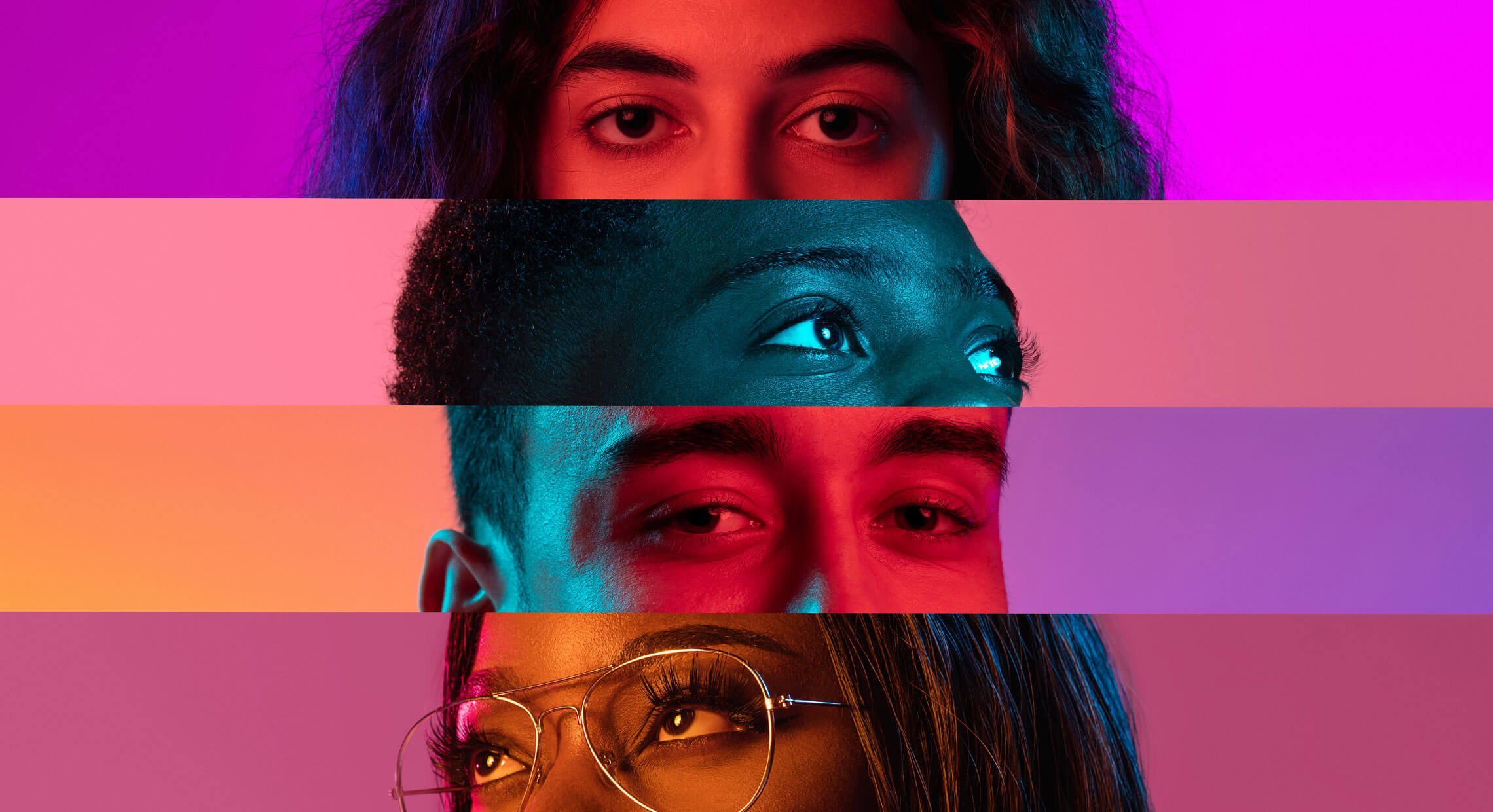 Montage coloré montrant quatre paires de yeux de gens de différents nationalités