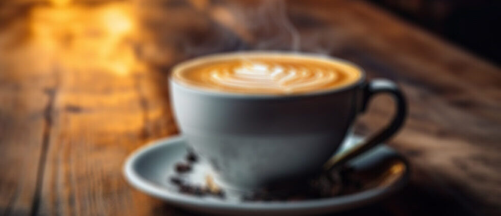 tasse de café latté floue blurry coffee cup. Vintage cafe experience. Closeup of white cup of coffee on vintage wooden table on blur restaurant background